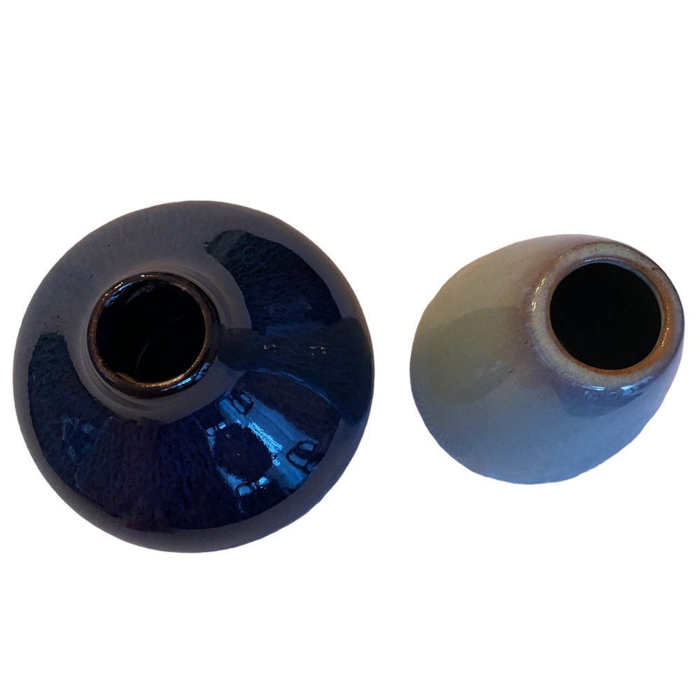 Set of 2 Blue Mini Hand-Glazed Ceramic Pottery Vases, 4" Tall - Picture 3 of 5